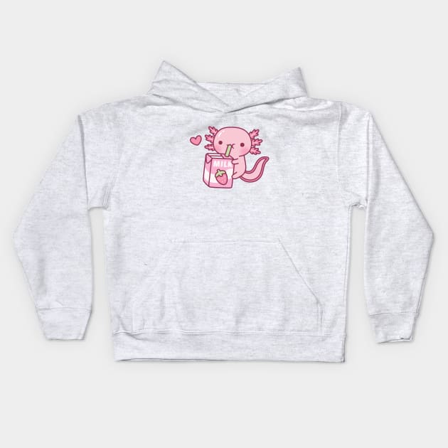 Cute Axolotl Drinking Strawberry Milk Doodle Kids Hoodie by rustydoodle